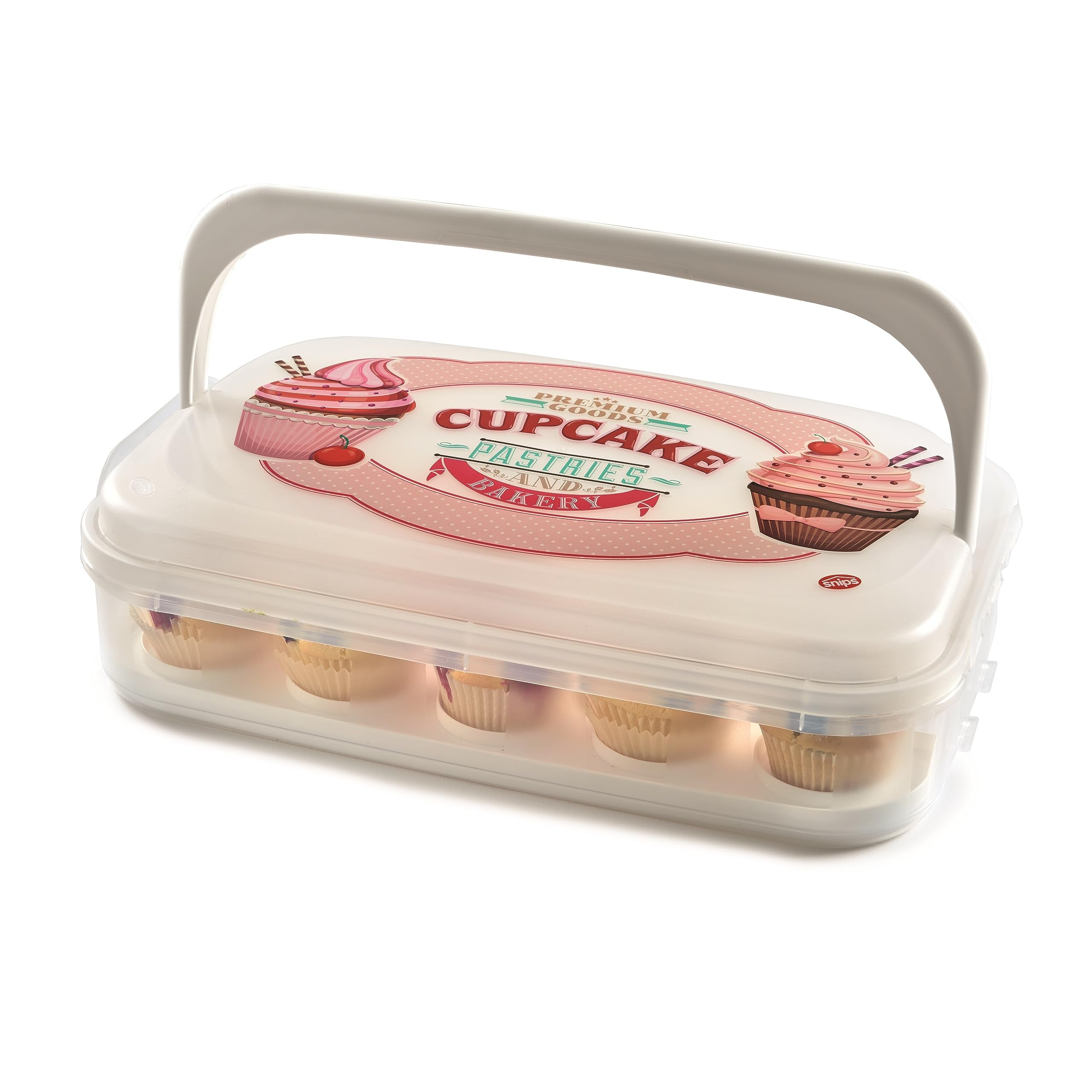 Snips Cupcake-Behälter, 14 Liter, Weiß, fasst 28 Cupcakes oder Muffins, doppelt dekorierter Behälter mit doppeltem Tablett, 28,5 x 19 x 43,5 cm, Made in Italy