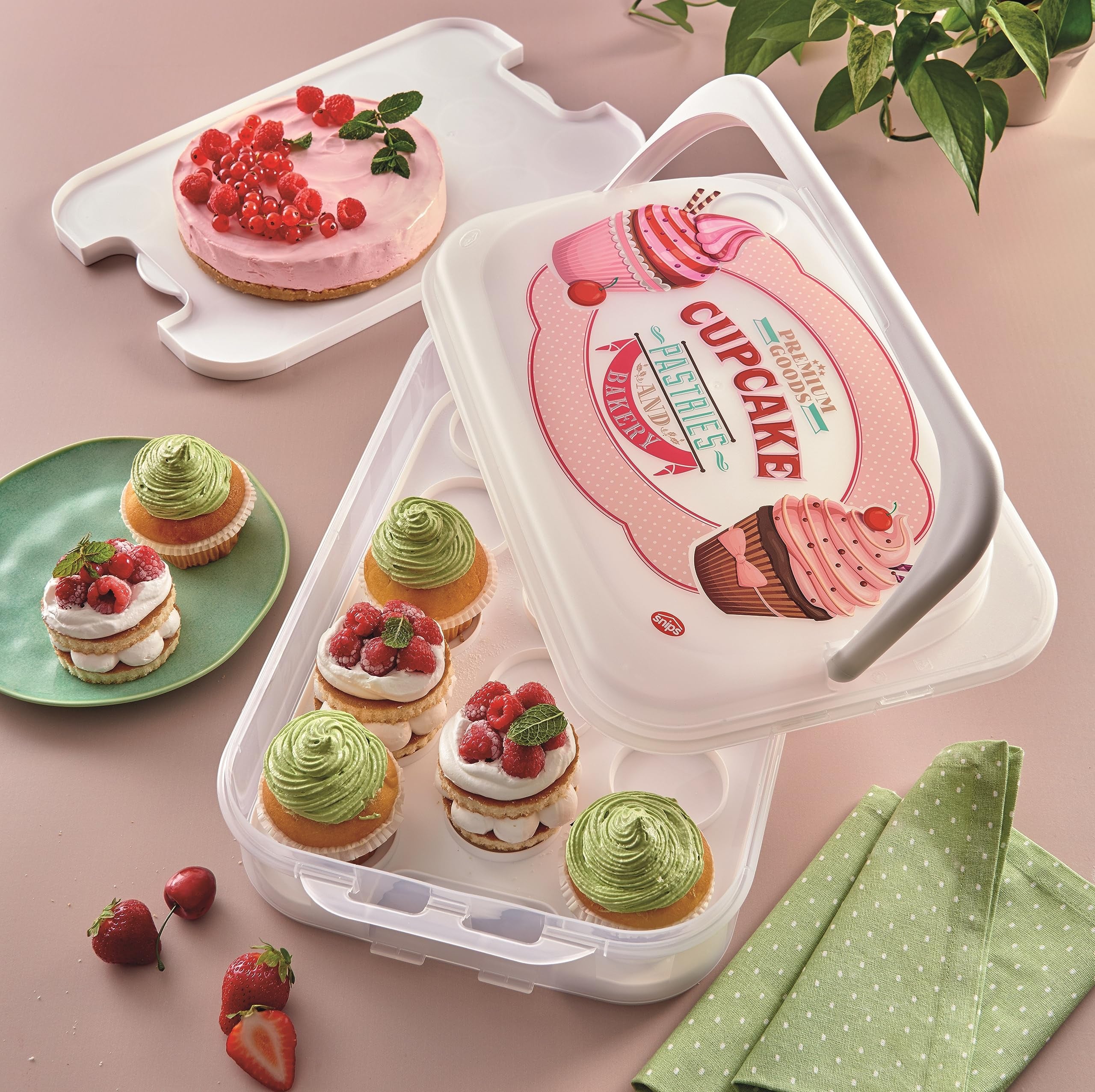 Snips Cupcake-Behälter, 14 Liter, Weiß, fasst 28 Cupcakes oder Muffins, doppelt dekorierter Behälter mit doppeltem Tablett, 28,5 x 19 x 43,5 cm, Made in Italy